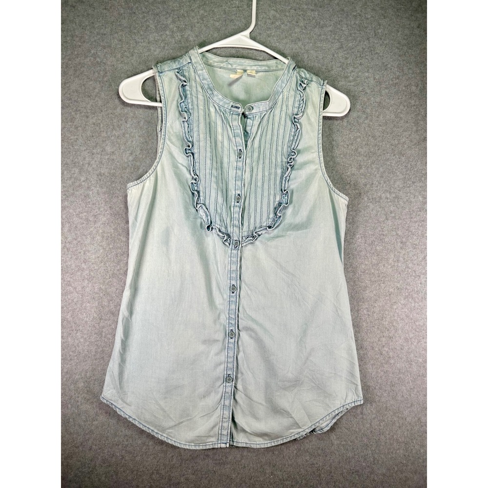 Frenchi Chambray Sleeveless Blouse Womens Medium Light Wash Denim Ruffle Top M